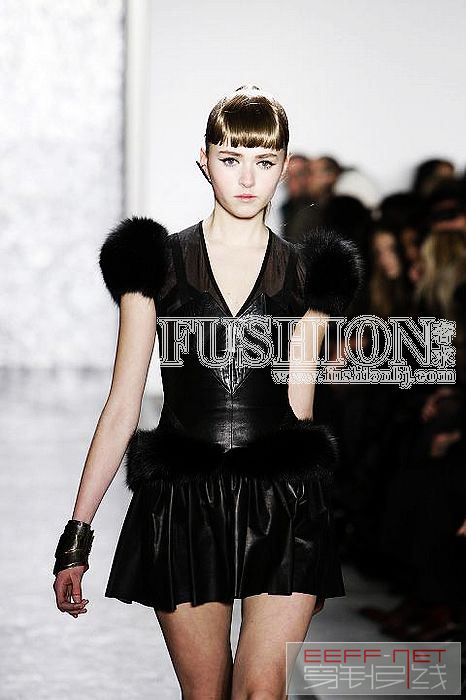 Leather and silk tulle dress with dyed fox trim.jpg